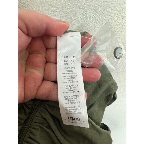 ASOS Sz 10 Asymmetrical Ruched Mini Skirt Green Side Button Detail Cotton Blend - Picture 10 of 12